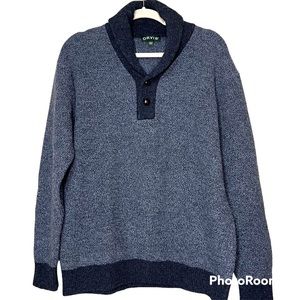 ORVIS Mens Lambs Wool Gray Sweater with shawl style buttoned collar.